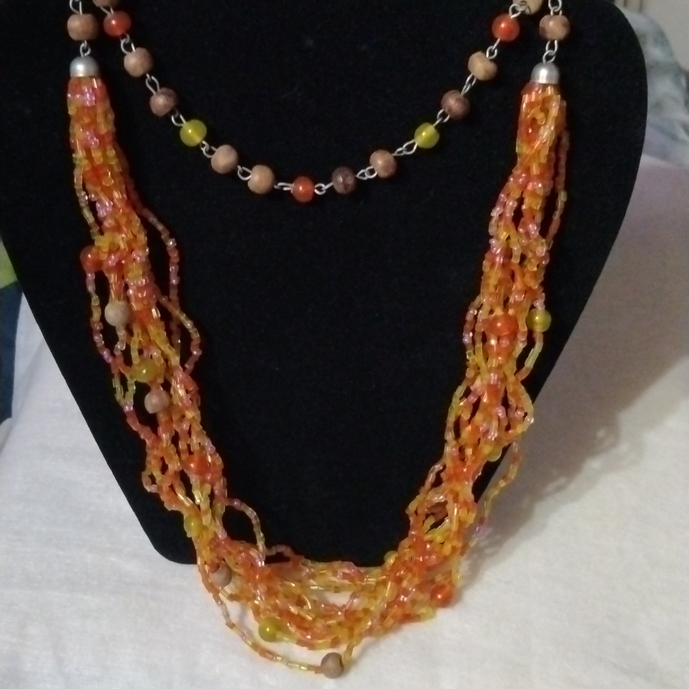 Orange And Yellow Beaded Necklace 32" (Sku 667)